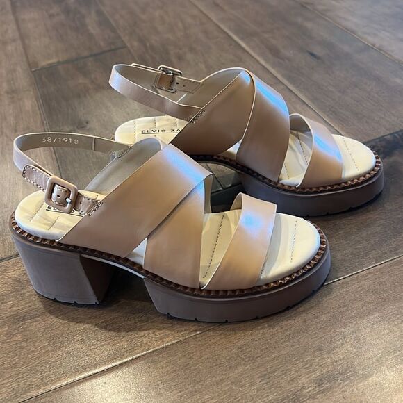 New Elvio Zanon Slingback Heels Chunky Heel Sandals Neutral Leather EU 38 US 8 - Picture 3 of 11